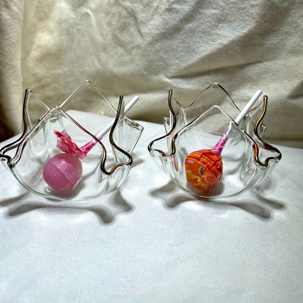 Vintage glass handkerchief style, gold color trim candle holders